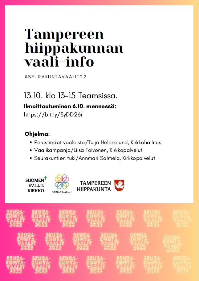 Kuvassa on vaali-infon ohjelma ja muuta tekstiä sekä ev-lut-kirkon, Kirkkopalveluiden ja Tampereen hiippakunnan logot. Tekstipohjan taustana on srk-vaalien logoja.