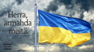 Ukrainan lippu. Tekstinä Herra, armahda meitä. 