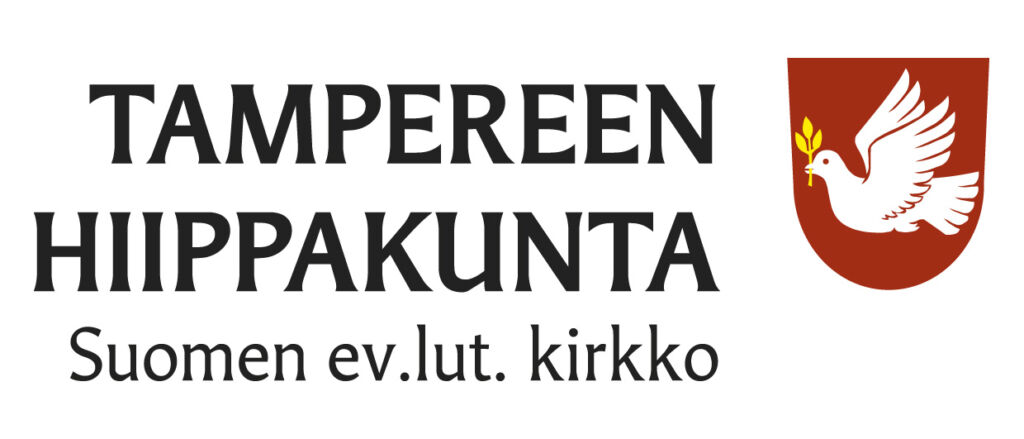 Hiippakunnan punainen vaakuna, jossa valkoinen kyyhky keltainen lehvä suussa, vieressä teksti Tampereen hiippakunta Suomen ev.lut. kirkko