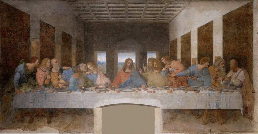 Leonardo da Vincin maalaus Viimeinen ehtoollinen, jossa Jeesus istuu pitkän pöydän ääressä opetuslasten ympäröimänä.