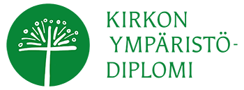 Logo, jossa tyylitelty valkoinen heinäkasvi vihrenän pallokuvion sisällä ja teksti Kirkon ympäristödiplomi