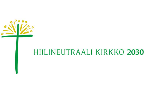 Hiilineutraali kirkko-tunnus, jossa tyylitel keltavihreä heinän ja ristin yhdistelmäkuvio ja teksti Hiilineutraali kirkkoty 