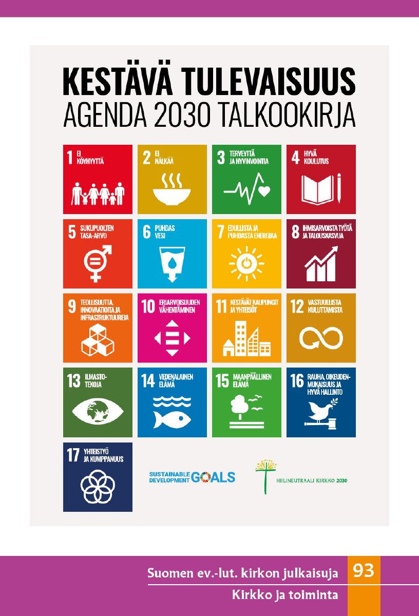 Kestävä tulevaisuus Agenda 2030 talkookirjan kansi, jossa symboleja eriväristen neliöiden sisällä