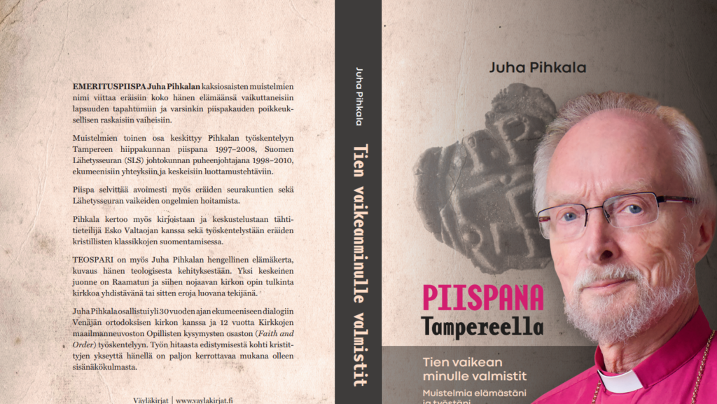 Juha Pihakalan muistelmen toisen osan kannet, etukannessa Pihkala piispan purppuranpunaisessa paidassa.