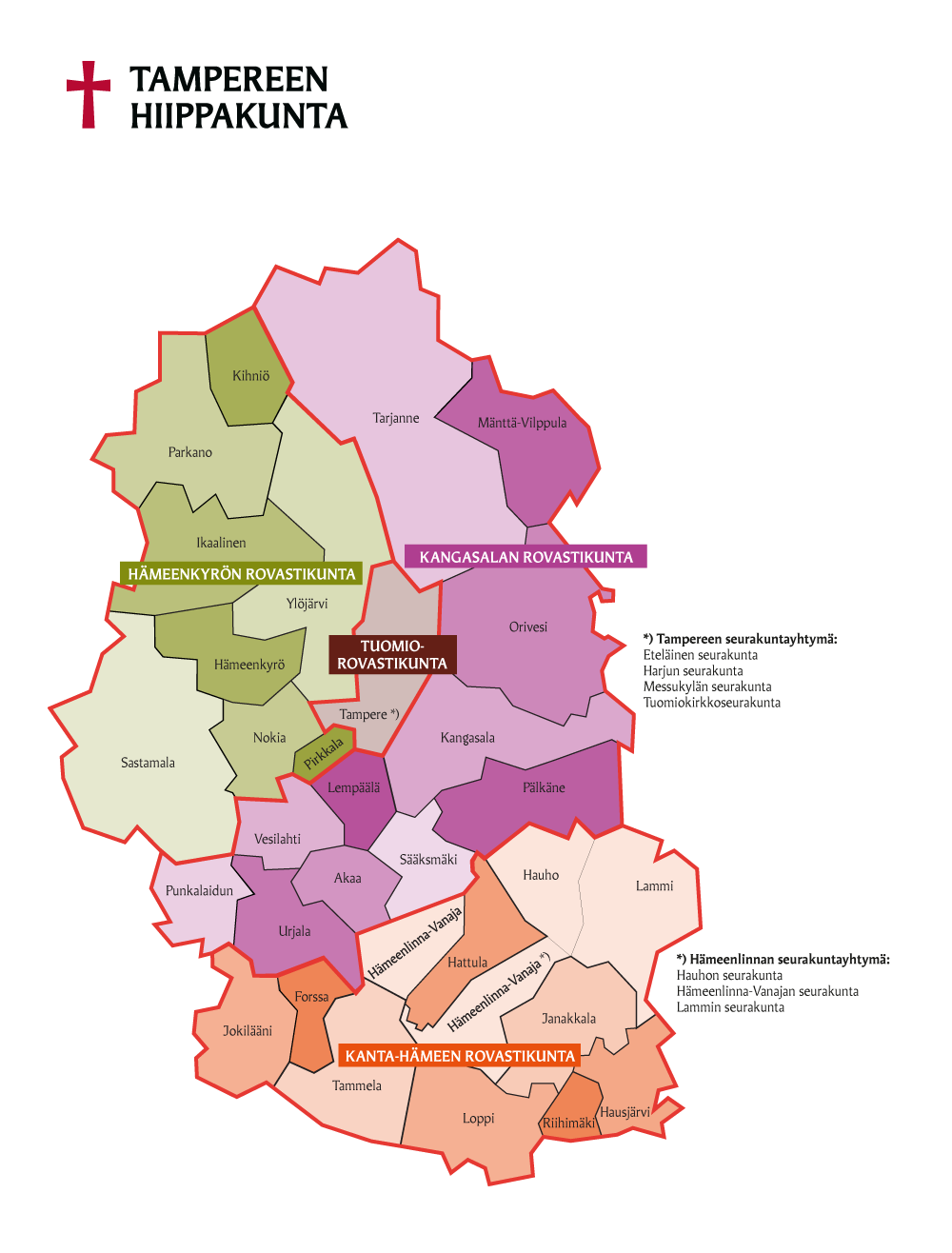 Värikäs hiippakuntakartta, jossa on eri väreillä merkitty eri rovstikunnat ja rajaviivoilla seurakunnat, joiden nimet on merkitty karttaan. Kartan yläpuolella on Tampereen hiippakunnan nimi ja sen vieressä punainen risti. Kartan viereen on kirjoitettu Tampereen seurakuntayhtymä ja Hämeenlinnan seurakuntayhtymä.